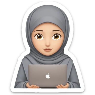 A girl wearing a gray hijab and with hazel eyes is carrying a laptop, not a laptop, just a regular laptop. Not mat bock  sticker