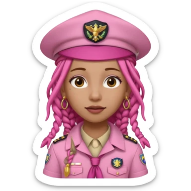 scout girl with pretty pink uniform, pink dreadlocks, and big earrings and scouts hat sticker