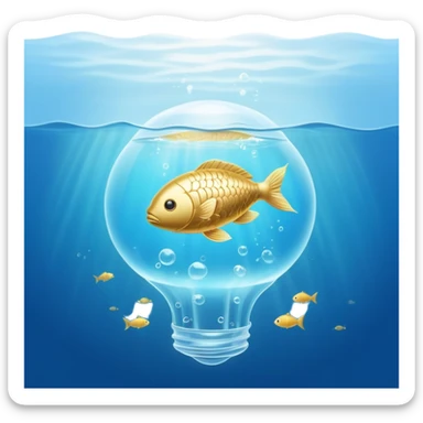 Golden capsule floating in gentle blue water currents, with a translucent fish swimming around a glowing brain. Soft light waves emanating from the brain creating a calming effect. The scene has an ethereal, dreamlike quality. sticker
