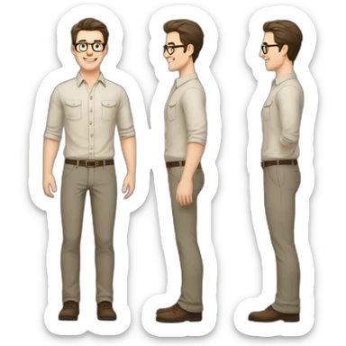 Joyful Full height Pale skinned Fit Man With dark brown hair in gray jacket, beige office shirt, Brown pants and vintage glasses. His thrumbs up sticker