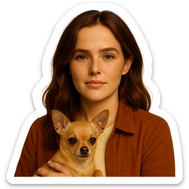 Portrait centered for Instagram profile picture inspired by facial features visible in the reference images of Zoe Deutch, with tanned skin, subtle freckles, wearing a shirt color #FFF8CA and a rust-colored jacket, medium-length brown hair with auburn highlights, soft and soothing expression, holding an expressive and cute beige-brown chihuahua. Style inspired by a Netflix series, intimate and expressive atmosphere inspired by Tenerife, transparent background. sticker