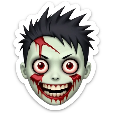 zombie boy with emo spiky hair, white skin, and white eyes; an open smile, and bloodied teeth; sticker