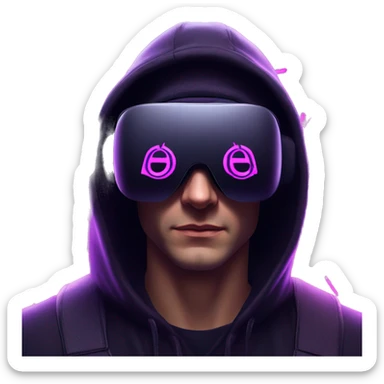 Russian man wearing a black hoodie with "OMG" letters on it and VR headset in a cyberpunk VR environment with violet neon lighting. sticker