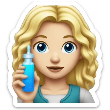 Girl with blond hair and blue eye take red vial sticker