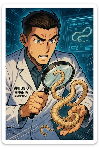 A dynamic manga/webtoon-style illustration of a young male kinesiologist wearing a clean white lab coat, analyzing light beige worms like a tapeworm under a magnifying glass. His expression is focused and slightly intrigued, with sharp, detailed eyes. The art style is vibrant, with bold linework, rich colors, and dramatic lighting. The background is a futuristic laboratory with glowing holographic screens displaying parasite data. The tapeworm is intricately drawn, slimy and segmented, with a slightly exaggerated yet realistic texture. The composition is dynamic, with motion lines or energy effects to emphasize his scientific investigation. The atmosphere is intense but not dark, keeping a balance between scientific seriousness and stylish manga aesthetics, he has "ANTONIO ANANIA" WRITTEN ON WHITE LAB COAT sticker