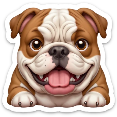 Cinematic Comical Brown and White English Bulldog Portrait Emoji, Head tilted dramatically with an exaggeratedly amused expression, featuring a striking brown and white coat with a bold pattern, wide, expressive brown eyes filled with playful disbelief, Simplified yet hilariously expressive features, highly detailed, glowing with a slightly sassy glow, high shine, dramatic yet playful, stylized with an air of cheeky defiance, bright and endearing, soft glowing outline, capturing the essence of a spirited and over-the-top guardian, so meme-worthy it feels like it could side-eye its way into internet fame instantly! sticker