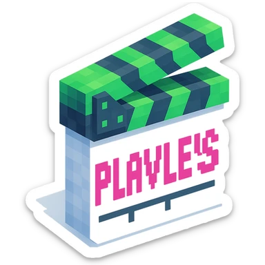 voxel style movie clapperboard with the text 'PLAVLEYS', neon green lid, white body, isometric view sticker