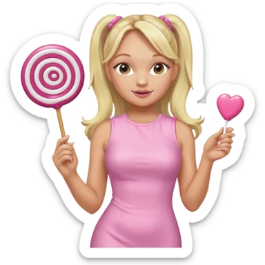 Emma Bunton with long blonde ponytails wearing light pink bodycon dress holding a lollipop sticker