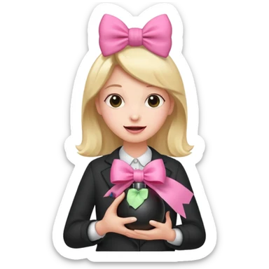 A happy face holding a bomb and the bomb has a cute pink bow sticker