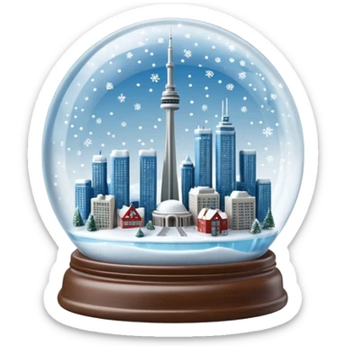 A beautiful hyperrealistic Glass Snow globe, with a miniature Toronto City showing the CN tower, the highways and the frozen lake, all within the beautiful global, full of snow, expressing  a snow storm in ontario.  Isolated, 3D render  sticker