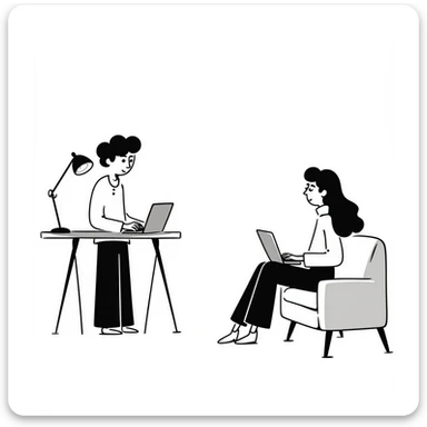 escenary 3d of a cozy mid-century living room with two people working on laptops, one man standing at a desk and one woman sitting on a couch, two walls and floor visible sticker