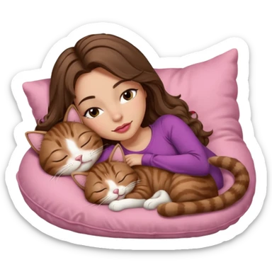 girl with long wavy brown hair, brown eyes, long lashes makeup, sexy pink lips, light to medium complexion,  sleeping on a cozy pillow, with brown tabby cat, sleeping sticker