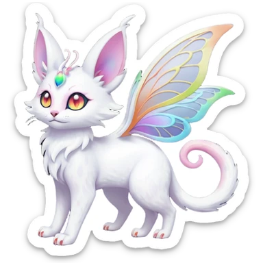 Pure-snow-White albino iridescent with pastel rainbow-gradients-color-markings with swirly patterns butterflies  faerie-Noivern-Noibat-Purloin-Torracat-Lykoi-Caracal-cat-Fakemon-fusion-hybrid-creature sticker