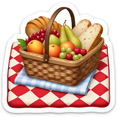 picnic basket with fruit and bread on a checkered blanket sticker