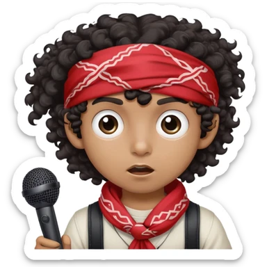 ugly light dark skin boy with bandana on head and dark curly hair and HUGE eyes and holding a microphone sticker
