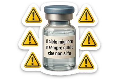 SU QUESTO STILE FAI UN EMOJI STILE IPHONE 3D DI UNa boccetta di fiala medica attorno alla quale fluttuano segnali di pericolo, sull'etichetta della boccetta c'è scritto "il ciclo migliore è sempre quello che non si fa", FALLO MOLTO REALISTICO IN 3D sticker