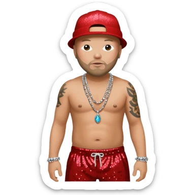 Fred Durst with red sequin baggy pants, shirtless with necklace sticker