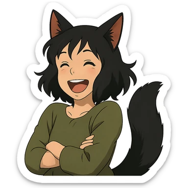 A girl with black fox ears and a tail, green eyes, dark hair, laughing sticker