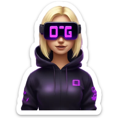 Russian cute blond girl wearing black hoody with violet letters "OMG", in vr headset. Cyberpunk style. Violet neon. sticker