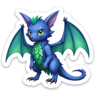 Cute cool fantasy animal hybrid bat-Sergal-Digimon-Fakemon full body, green scales, brown eyes, blue feathers sticker