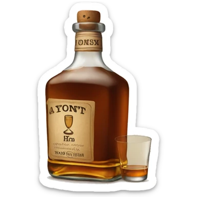 A bottle of whiskey with glass  sticker