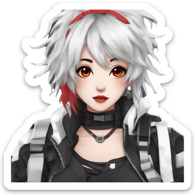 Gorgeous techwear anime style lady with blushing face aesthetic and pretty edgy black red white punk messy hair with collar and harness trending style sticker