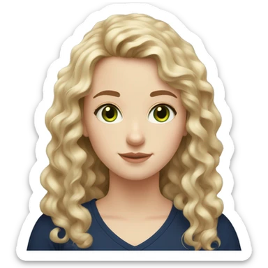 A pale white girl with slightly dark golden curly hair that reaches her chest long, green eyes with a mole next to her left eye and with a navy blue shirt sticker