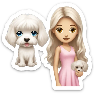 Brown long hair blue eyes girl with maltese puppy with pink dress sticker