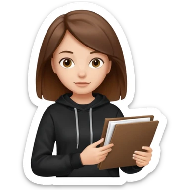 a girl with documents in her hands, in a black sweatshirt with brown hair with a square sticker