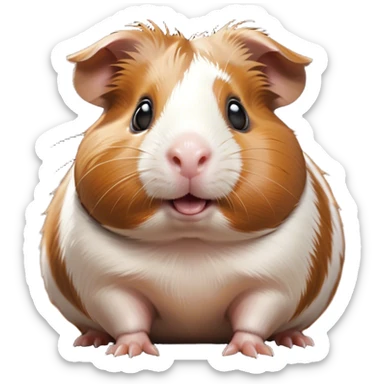 Cinematic Comical Brown and White Banded Guinea Pig Portrait Emoji, Head tilted dramatically with an exaggeratedly amused expression, featuring a striking coat with bold brown and white banding, wide, expressive dark eyes filled with playful disbelief, Simplified yet hilariously expressive features, highly detailed, glowing with a slightly sassy glow, high shine, dramatic yet playful, stylized with an air of cheeky mischief, bright and endearing, soft glowing outline, capturing the essence of a spirited and over-the-top guinea pig, so meme-worthy it feels like it could side-eye its way into internet fame instantly! sticker