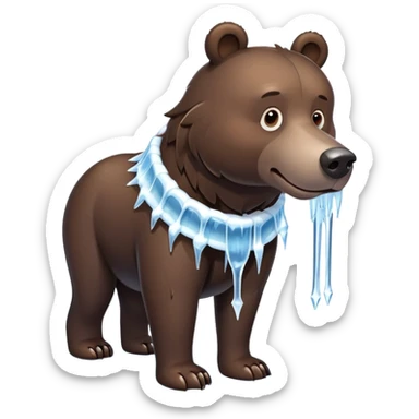 Realistic dark brown bear on four legs with a frozen ice collar that has icicles protruding downward, shaped like a large dog collar but made of crystal clear ice sticker