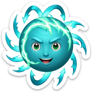 Uranus emoji in Apple-style, blue-green planet with swirling rings, big playful excited face, large bold lightning bolt, bursting with electric chaotic energy sticker