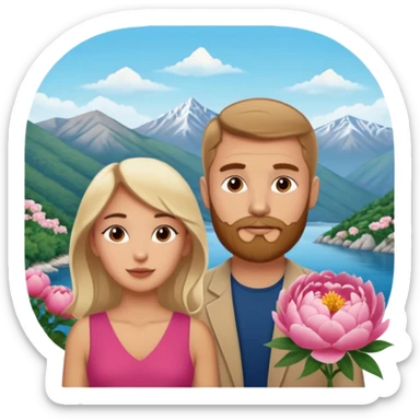 Couple traveling in Montenegro russian man and elegant  Latina girl delicate peonies and mountains in the background  sticker