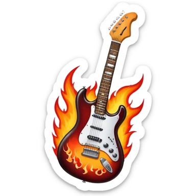 Create a bold and powerful emoji representing rock vocal performance in a humanless collage. The design should feature a vintage microphone at the center, surrounded by a heavy, aggressive hardcore electric guitar with sharp, jagged edges. Include crossed drumsticks behind the guitar, symbolizing the intense rhythm of rock music. Add fiery elements like flames or lightning bolts to enhance the raw energy of the design. Use dark, bold colors like black, red, and silver, with metallic or chrome accents to reflect the rebellious, hard-hitting nature of rock. The background should be transparent. sticker