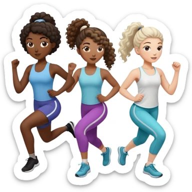 three women friends exercising together, one black woman with curly brown hair, one pale white woman with curly brown hair, and one pale white woman with straight brown hair in a ponytail sticker