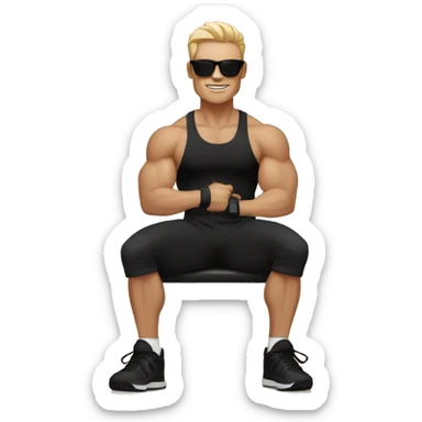 A man sit in the gym and wear black lower black shoes black t shirt black sunglasses and hold gym dumbles and skin colour is white  sticker