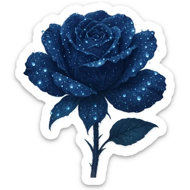 Add glowing dewdrops on the petals of the midnight rose in dark indigo, shimmering with silver flecks and a mysterious, elegant aura. Keep the background transparent. The style should reflect a delicate and ethereal look with emphasis on the glowing effect and silver accents. sticker