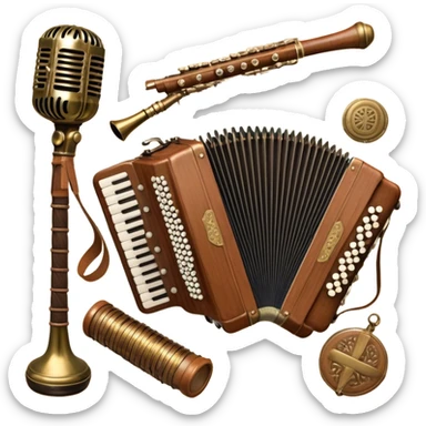 Create a colorful and cultural humanless emoji representing folk singing. The design should feature a collage of traditional folk instruments, such as a wooden flute (dudka), a button accordion (harmon), a set of gusli, and a tambourine (buben), all arranged in a harmonious, flowing design around a vintage microphone. The instruments should have earthy, natural tones like wood browns, brass accents, and vibrant colors reflecting their folk origins. Add subtle musical notes to tie the elements together, symbolizing the power of folk music. The background should be transparent. sticker