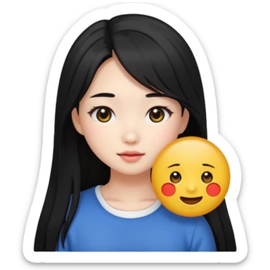cute Korean girl with black long hairstyle and black eyes, emoji style sticker