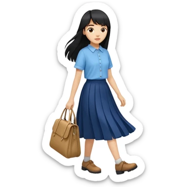 hair : black long hair with fringe 
skin : light 
cloth : oversize light blue shirt + navy long long skirt 
motion : walking without bag  sticker