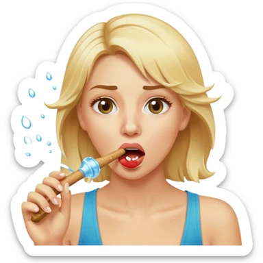 blond woman biting a skin-tone stick, water jet shooting from the stick into her mouth, surprised look sticker