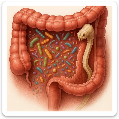 a medical illustration of a human realistic gut with bacteria and parasyte (tenia) sticker