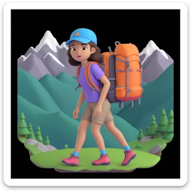 girl back packing mountains in background, close up pose sticker