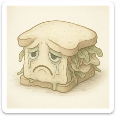 a sandwich slumped over with tears, sad face, pale colors, unappetizing appearance sticker