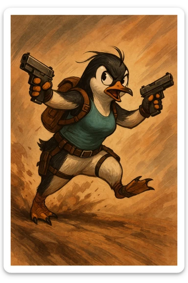 a penguin in an action pose, channeling Lara Croft, with a backpack and fingerless gloves sticker