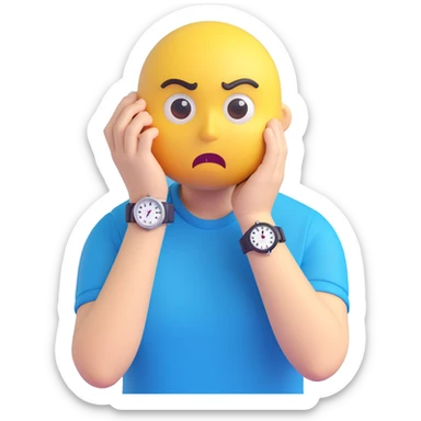 A yellow emoji face with a worried expression, looking at a wristwatch with raised eyebrows, showing urgency and stress sticker