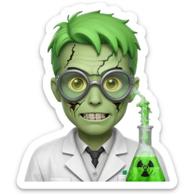 radioactive zombie scientist portrait, head and shoulders only, glowing toxic veins, cracked goggles, lab coat with radiation badge, sinister smile, 3D cartoon, mobile game icon style, clean background, no text, no watermark
 sticker