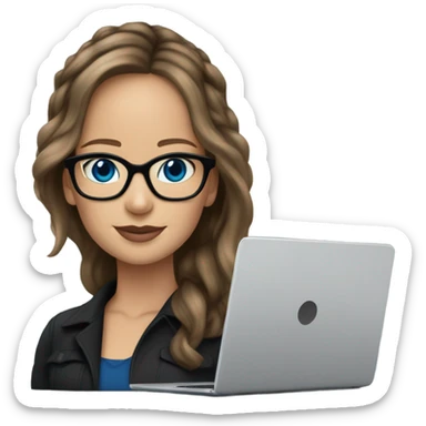 Realistic Photo of Brunette Jennifer Lawrence wearing black glasses and blue eyes  on a laptop  sticker