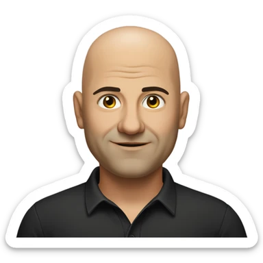 A slightly overweight middle-aged Italian man with olive-toned skin with bald hair and no facial hair. He is wearing a sleek black smart shirt, casually unbuttoned at the top. sticker