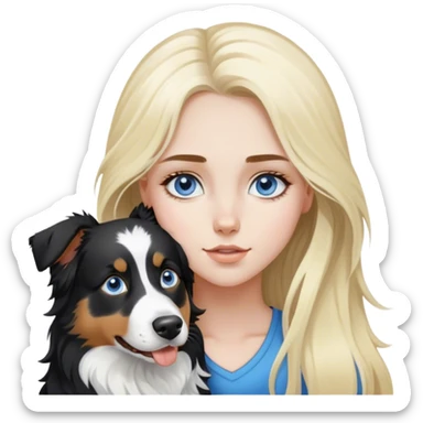 pale girl with blue eyes and long blonde hair and black white Australian shepherd. sticker